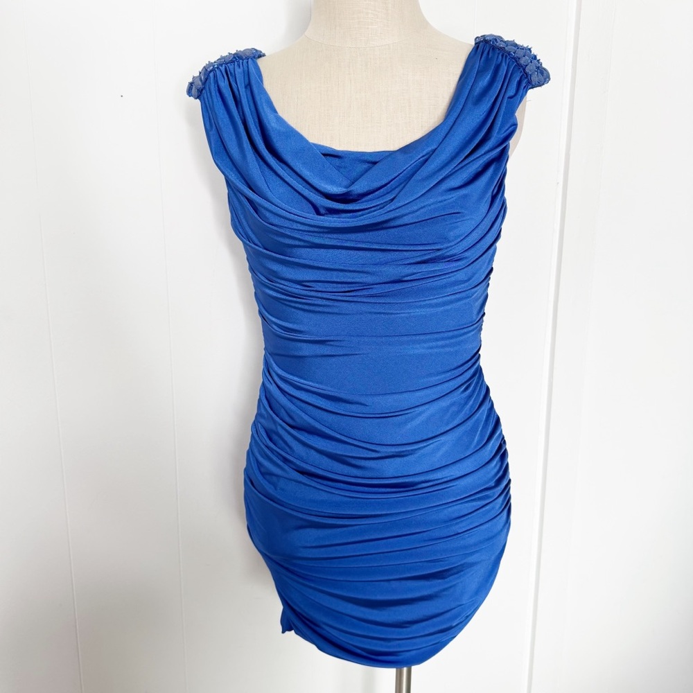 Tadashi Shoji Royal Blue Ruched Mini Dress Bodycon Beaded Shoulder Size Small